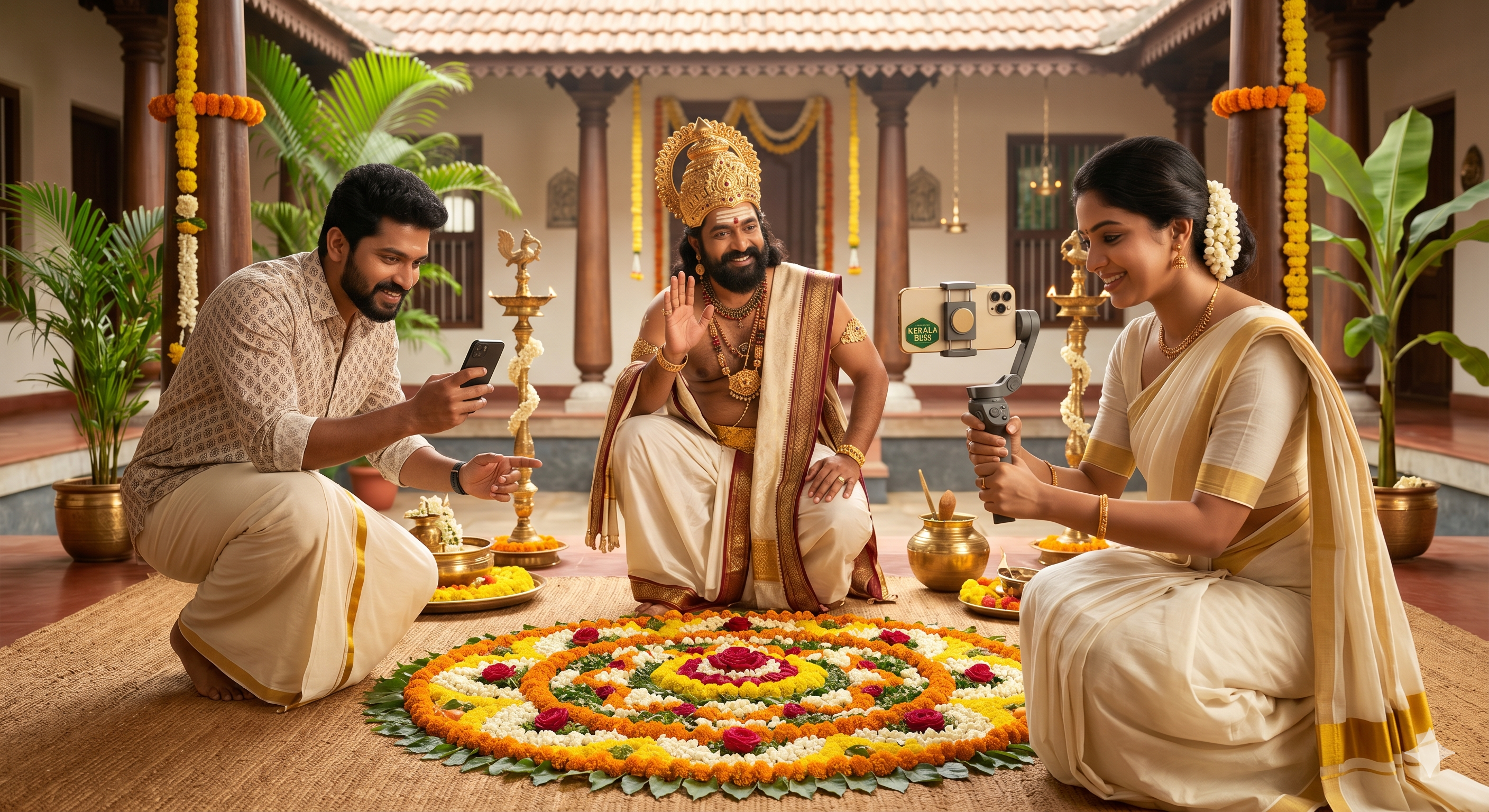 Onam shoot — Mahabali greeting two creators photographing a Kerala Bliss brand box around a flower pookalam in a heritage courtyard