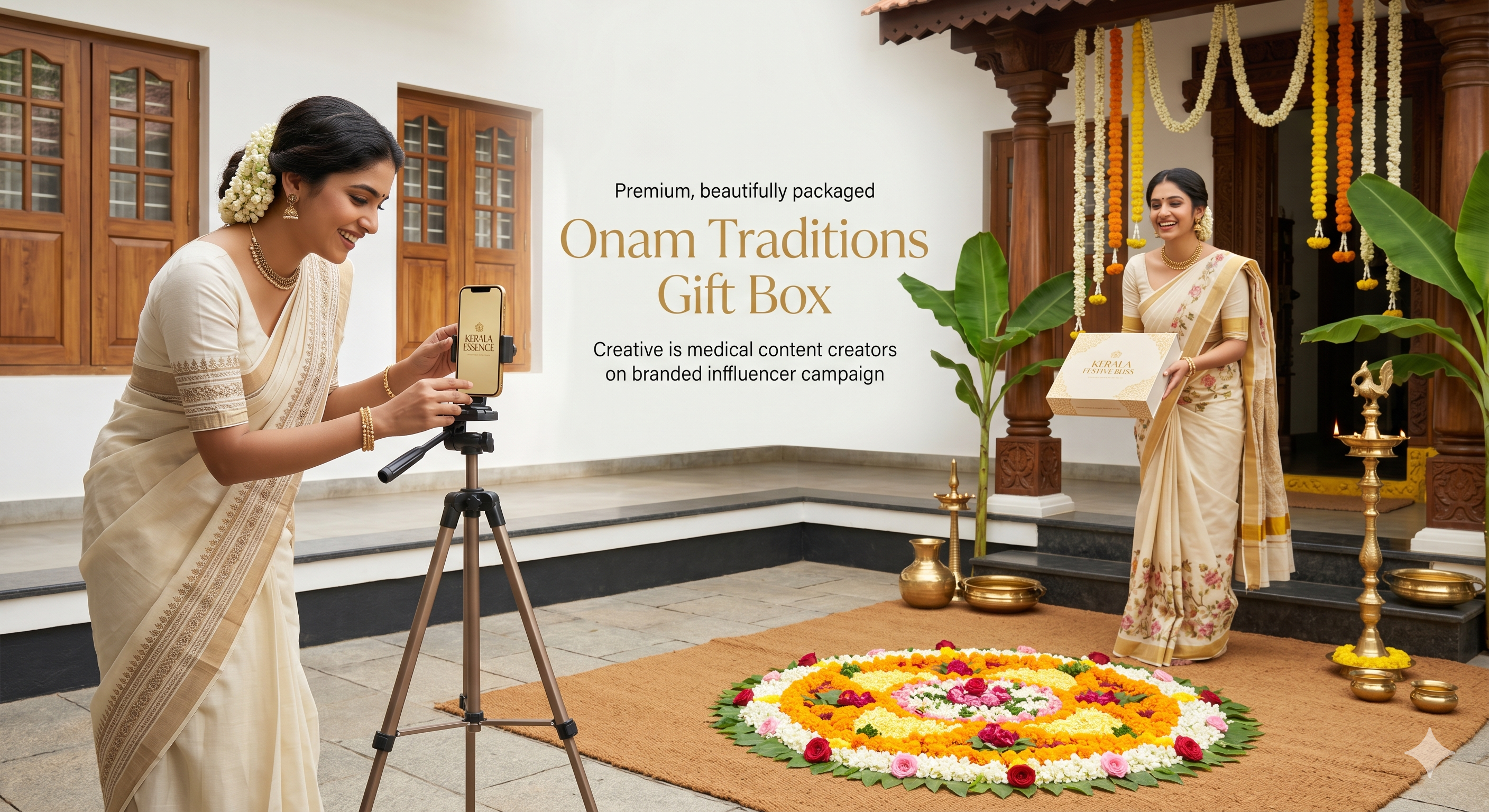 Onam campaign — Malayali creators filming a brand gift box in a traditional Kerala courtyard with pookalam, brass lamps and marigold garlands